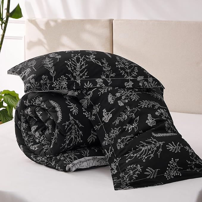 Bedsure King Comforter Set - Black Bed Set, 3 Pieces Cute Floral Bedding, 1 Soft Reversible Botanical Flowers Comforter and 2 Pillow Shams