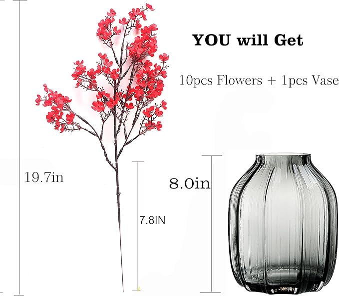 JAKY-Global 10pcs Babys Breath Artificial Flowers with Vase Gypsophila Bouquet Bulk Fake Spring Silk Flowers Real Touch Faux Floral for Home Bedroom Kitchen Garden Wedding Christmas DIY Decor (Red)