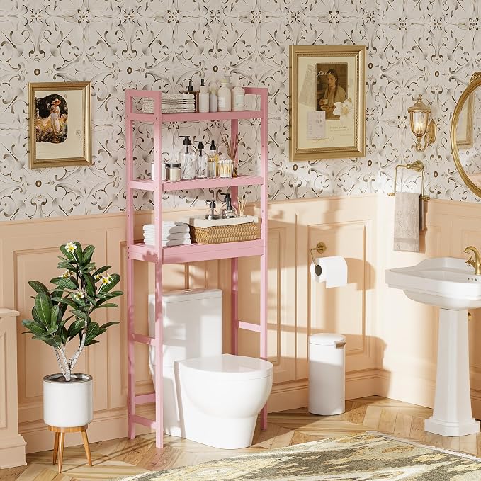 SMIBUY Bathroom Storage Shelf, Bamboo Over-The-Toilet Organizer Rack, Freestanding Toilet Space Saver with 3-Tier Adjustable Shelves (Pink)