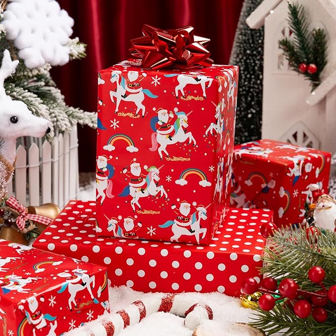 MAYPLUSS Christmas Wrapping Paper Roll - 17 Inch X 33 Feet - Reversible Fairytale Christmas Red Unicorn, Santa Claus, Rainbow, Polka Dot Design Holiday Winter Gift Wrap for Wedding, Party,Celebration