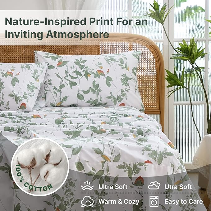 100% Cotton Sheets Set Queen Size – 4 Pieces Luxury Breathable Percale Cotton Bedding with Deep Pockets, Crisp Cool Feeling, Soft&Durable, Refined Botanical Elegance, Green Floral Bed Sheets