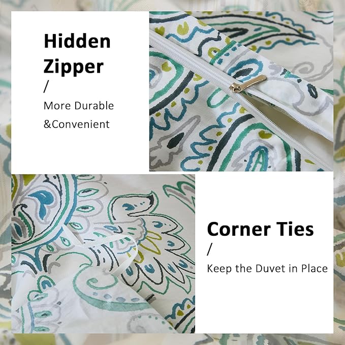 100% Cotton Floral Duvet Cover King - Green Paisley Comforter Cover 3-PC, Soft & Breathable Bedding Duvet Cover Sets with Zipper Closure & Corner Ties, Retro Duvet Cover Sets