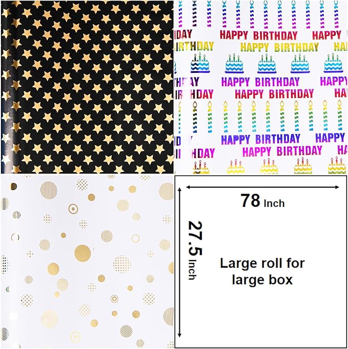Linnoptimix Birthday Wrapping Paper Rolls -3 LARGE ROLL-27inch*78 inch per roll Colorful Foil White Black wrapping paper(Birthday 1 White/Gold&1 Black/Gold &1White/Colorful Foil（013）)
