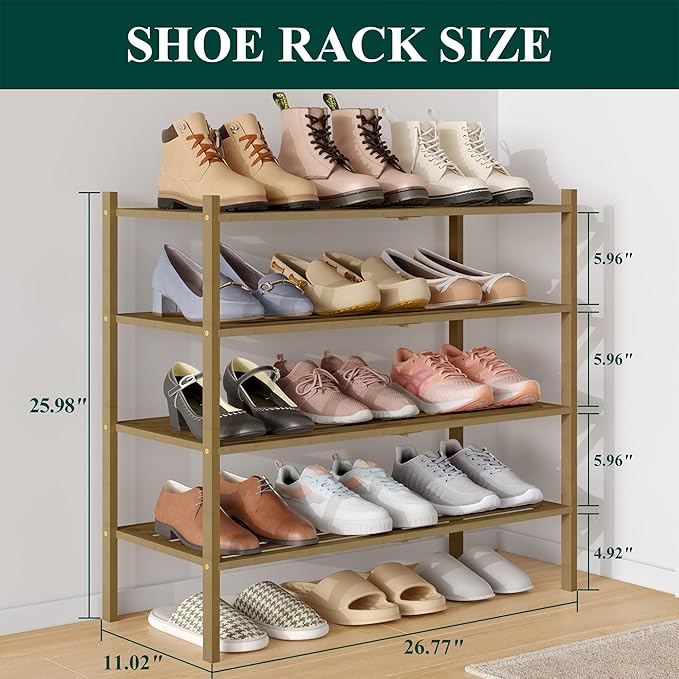 Smiry Bamboo Shoe Rack 4-Tier, Stackable Wooden Shoe Organizer for Entryway & Closet, Free Standing Wood Shoe Storage Shelf for Front Door & Small Spaces, Walnut