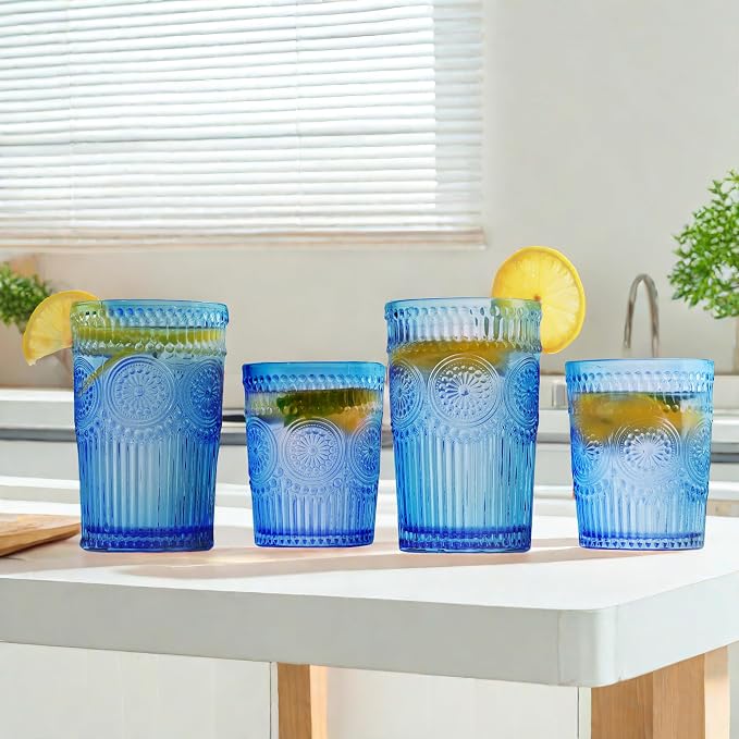 Loivttvv 12pcs Vintage Drinking Glasses Set, 12 oz Highball Glasses & 9 oz Embossed Ribbed Glassware Cups for Cocktail, Water, Juice, Coffee, Whiskey (Blue)