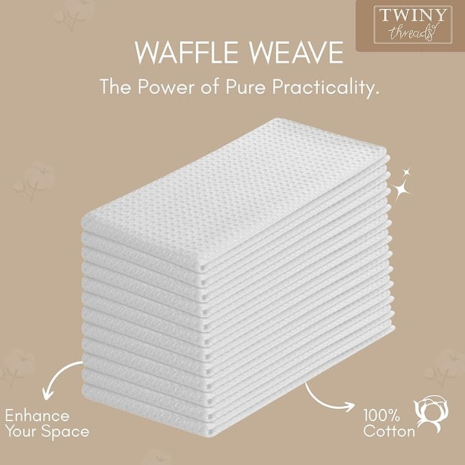 TWINY threads Waffle Kitchen Towel, Premium Large Kitchen Linen Set, 100% Cotton Dish Cloths, Absorbent Quick Drying Wash Rags for Drying Dishes, Reusable, Set of 6, 16x26 Inches, White