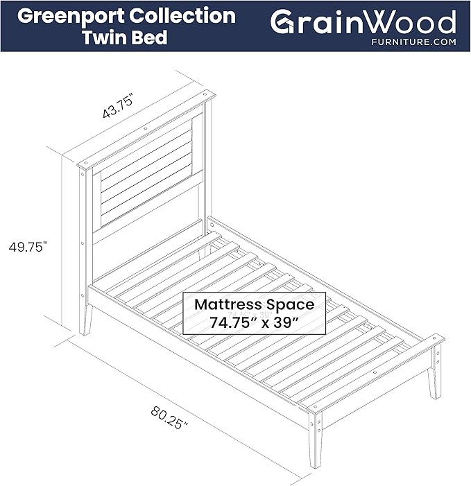 Grain Wood Furniture Greenport Solid Wood Platform Bed, Twin Size, Brushed White