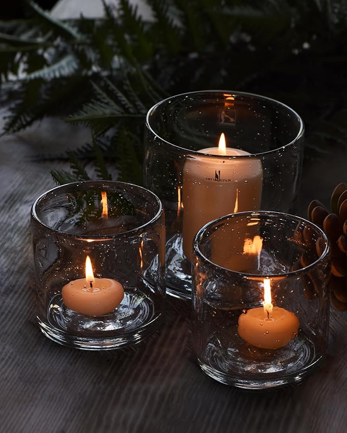 ARIAMOTION Glass Candle Holder Set 3 Clear Seeded Bubbles Modern Farmhouse Centerpieces Coffee Table Rustic Hurricane Cylinders Pillar Votive Tealight