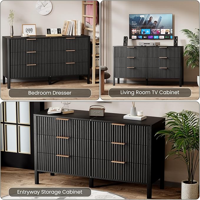 55" Wide Fluted 6 Drawer Dresser for Bedroom, Wooden Dresser Modern Chest of Drawers TV Stand Dressers with Organizer Storage for Bedroom, Living Room, Entryway, Hallway, Black