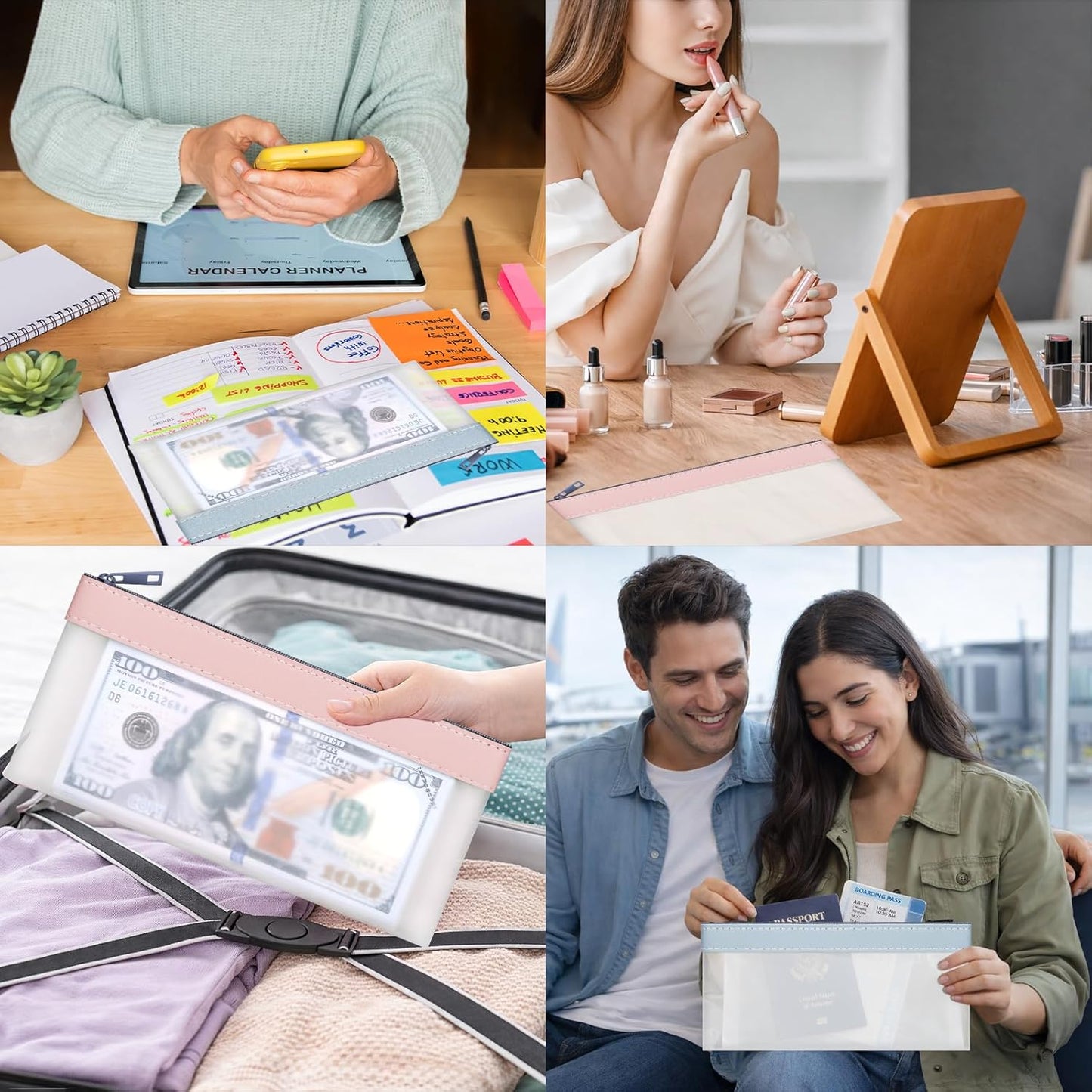 VOCHIC 4-Piece Money Bag Set - Multi-Purpose Zipper Envelopes for Cash, Coins & Bills | 7.6 x 3.7 Inch