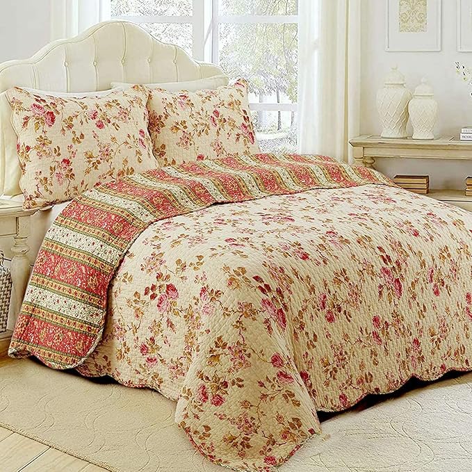 Cozy Line Home Fashions Rose Garden Vintage Floral Pink Khaki 100% Cotton Reversible Quilt Bedding Set, Coverlet Bedspread (Vintage Rose, Queen - 3 Piece)