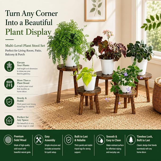 5-Piece Decorative Plant Stand Set Indoor Outdoor, 7-16 Inch Plant Stool Tables for Living Room, Balcony, Patio, Porch, Multi-Level Plant Display Furniture