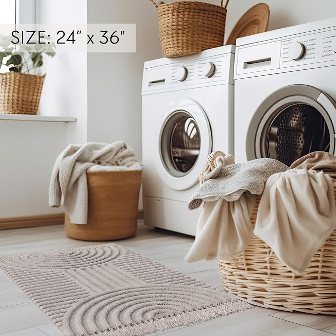 KIBAGA Beautiful Boho Rug with Tassels for Your Bathroom - Soft 2 x 3 ft. Cotton Rug Fits Perfectly Into Your Bath - Washable, Non-Slip Mat Ideal to Enhance Any Modern Home Decor, 24 x 36 inch