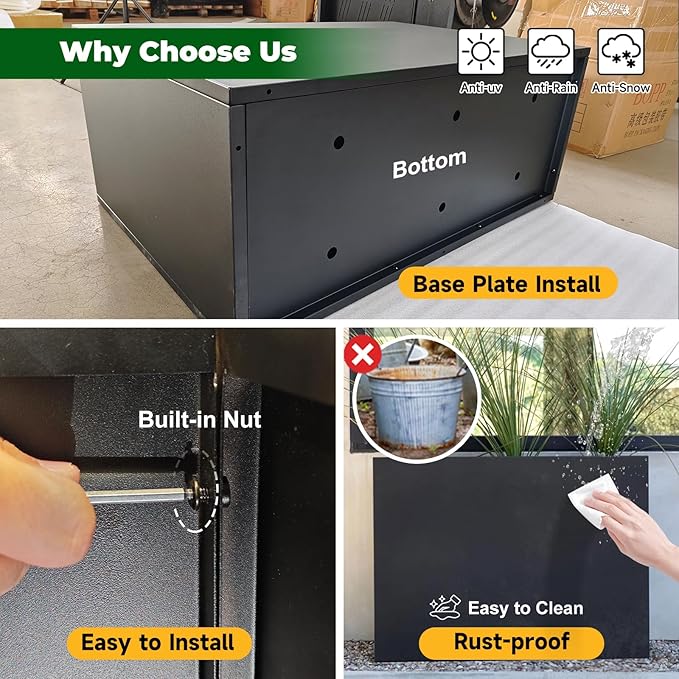 Black Metal Heavy Planter 32" x 15" x 24"for Outdoor Plants Metal Rectangle Outdoor Planter Spliced Flower Box with Partitions for Outside,Indoor,Garden (Black, 32 * 15 * 24)