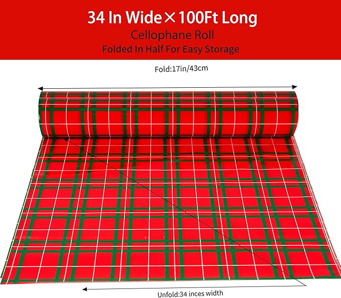 CMFYHM Christmas Cellophane Wrap Roll (34" x 100’Ft) 3 Mil Thicken Long Film Gift Wrappings for Baskets, Box,Wine, Christmas Decor(Red,Green,White)