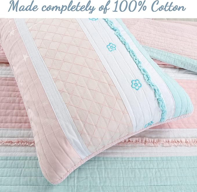 Cozy Line Home Fashions Light Pink Blue Ruffles Girl 100% Cotton Reversible Quilt Bedding Set, Coverlet, Bedspread (Candy, Twin - 2 Piece: 1 Quilt + 1 Sham)