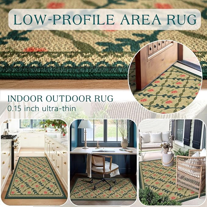 3x5 Entryway Rug - Small Washable Indoor Outdoor Mats for Front Door Non-Slip Porch Rug Jute-Look Boho Floral Throw Rugs for Living Room Bedroom Entryway Kitchen Office Front Porch Decor