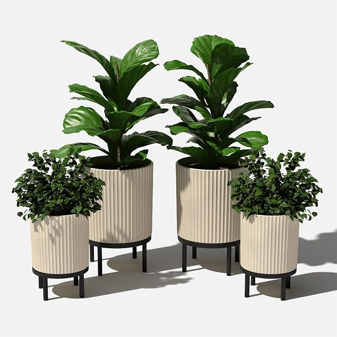 Veradek Demi Series Round Planter w/Stand for Porch/Patio | Durable Plastic-Stone Composite & Wooden Stand | Modern Décor for Tall Plants, Flowers