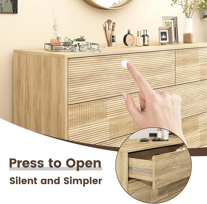 Hadulcet Fluted 6 Drawers Dresser for Bedroom, Modern Minimalist Style, 47” Wide Handleless Chest of Drawers, Wooden Dresser TV Stand, Closet Clothes Storage Organizer for Hallway, Natural Oak