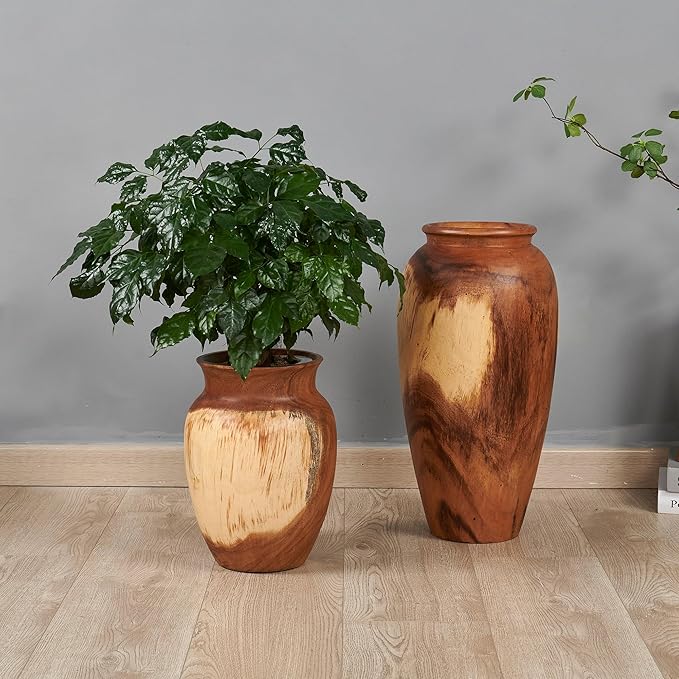 Acacia Wood Vase 7.5" x 7.5" x 11.8" H Handcrafted Natural Brown Wooden Vase Rustic Flower Holder for Entry Table Vintage Artworks Planter for Living Room Home Christmas Décor