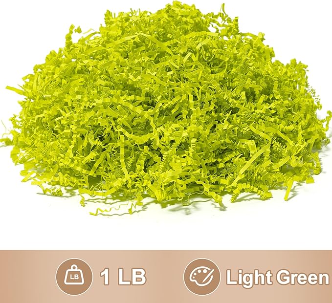 Wowxyz 1 LB Crinkle Cut Paper Shred Light Green Crinkle Shredded Paper for Gift Baskets - Gift Box Bag Filler - Confetti Stuffing for Birthday, Holiday Present Packaging Wrapping
