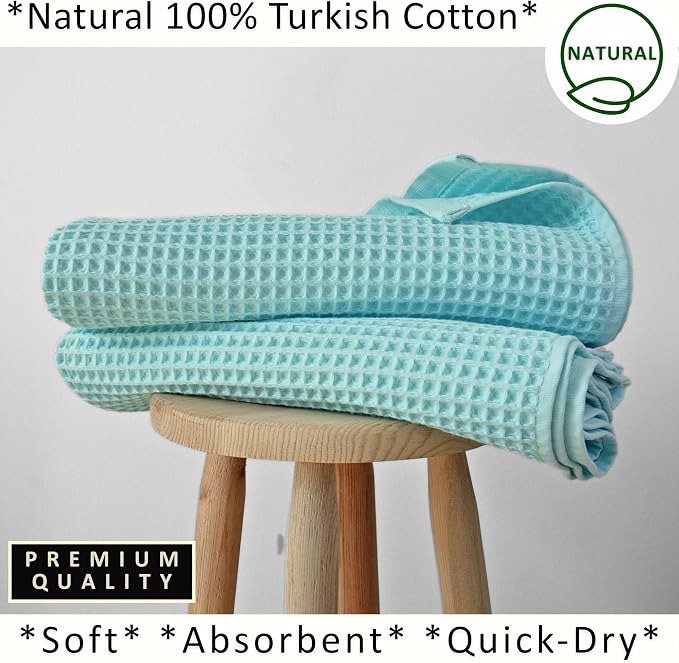 PÜSKÜL Natural 100% Turkish Cotton Waffle Bath Towels Set of 2-Piece | 32x63 Extra Large Absorbent Quick-Dry Lightweight Spa Towel | Luxury Sauna Accessories (Aqua Turquoise Bath Towels - Pack of 2)