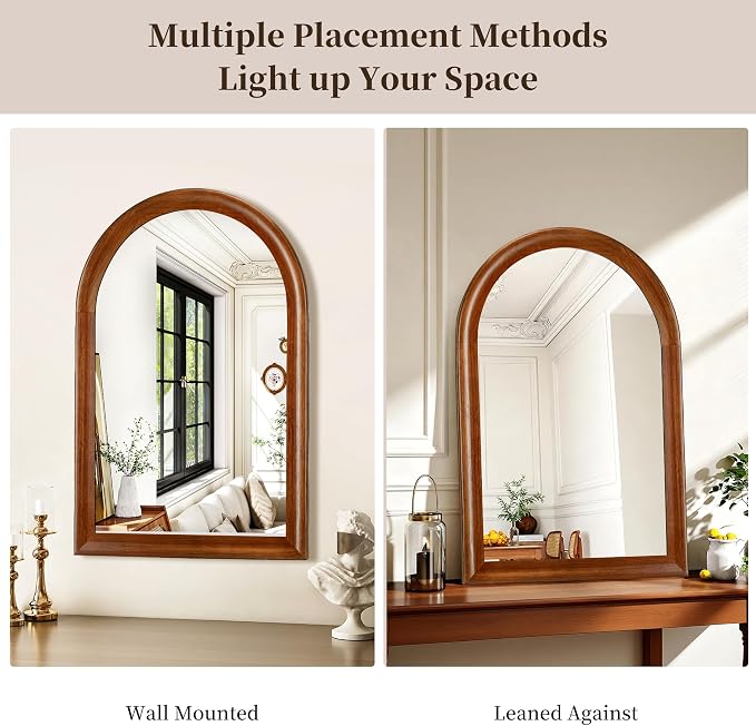 Tanmicoshomy Arched Bathroom Mirrors for Wall 20x30 Inch，Rustic Wood Wall Mirrors with Tempered Glass for Living Room, Bedroom or Entryway(Brown)