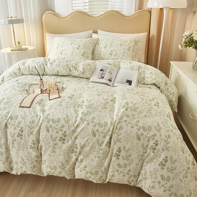Vintage Boho Floral Duvet Cover Full Size White Green Floral Print Bedding Set Cotton Botanical Floral Comforter Cover Garden Flowers Aesthetic Bedding Cover Boho Style Duvet Cover with Zipper Ties