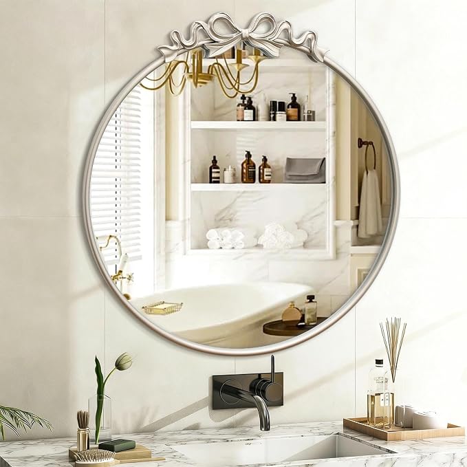 Besdomus Antique Large Wall Mirror: 27" Champagne Silver Bow Vintage Wall Mounted Mirror - Baroque Traditional Ornate for Fireplace/Bathroom/Living Room - Home Decor for Fashion-Conscious