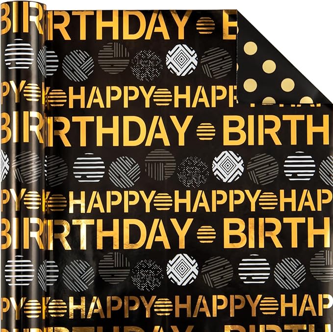 WRAPAHOLIC Reversible Birthday Wrapping Paper Roll - Mini Roll - 17 Inch x 16.5 Feet - Black Gold Happy Birthday Wrapping Paper Perfect for Adults Kids Girls Boys, Baby Shower