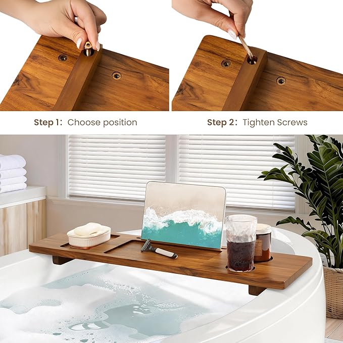 Teak Bathtub Tray - Wood Bath Caddy Tray 35" for Large Tubs - Adjustable Bathtub Table Trays - Luxury Shower Organizer for Home Spa Relaxation and Reading - Light Walnut Color