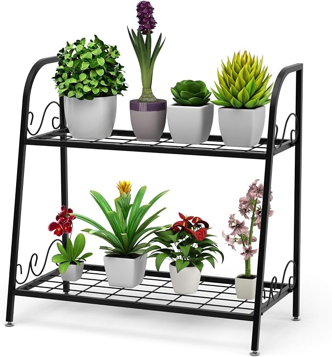 Giantex 2 Tier Metal Plant Stand, Indoor Outdoor Plant Shelf, Flower Rack Display Shelf, Flower Pots Holder with Adjustable Feet for Garden, Balcony, Living Room (2-tier (25'' x 12'' x 24.5''))