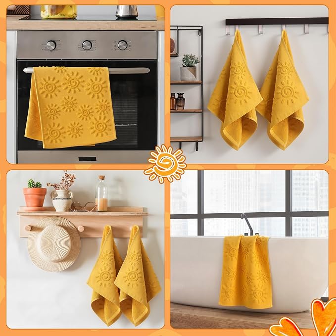 SmoothNovelty 2 Pcs Boho Hand Towels Orange Yellow Towels for Bathroom Sunshine Cotton Absorbent Jacquard Weave 3D Sun Kitchen Decor for Gift Christmas Drying Cleaning Cooking(Yellow)
