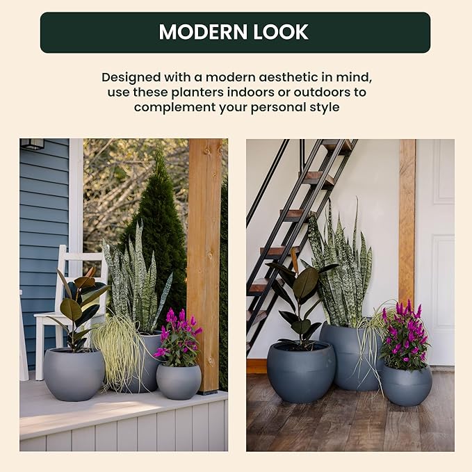 Beuta Large Planters for Outdoor Plants - Set of 3, 8/12/14 Inches Outdoor Planters for Porch - Tall Planter for Outdoor & Indoor Plants | Large Indoor Plant Pot - USA Made - Grey