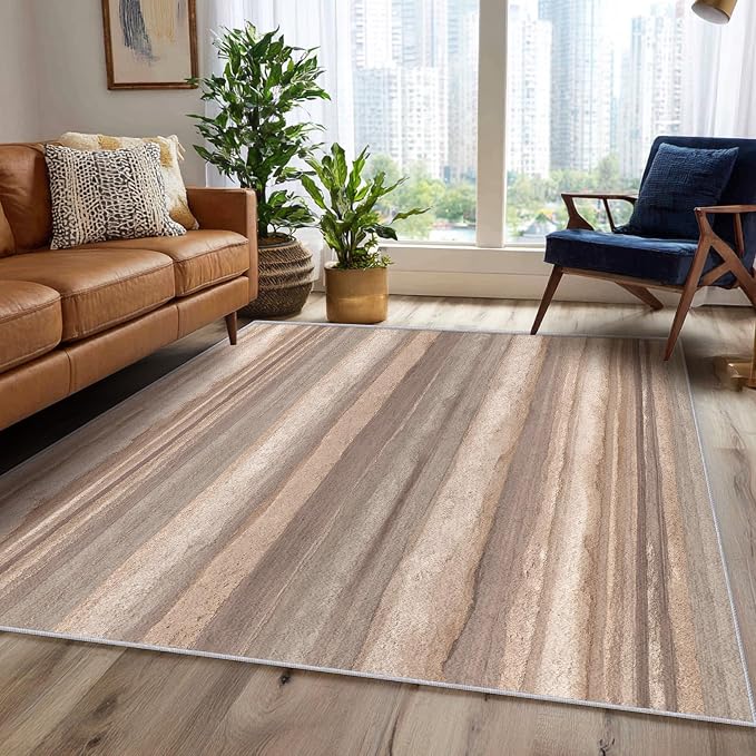 Natural Stripe Rustic Area Rug, Beige Brown Pattern Carpet, Washable Non Slip Low Pile Soft Thin, Living Room Bedroom Dining Room Home Decor Mat 6x9ft