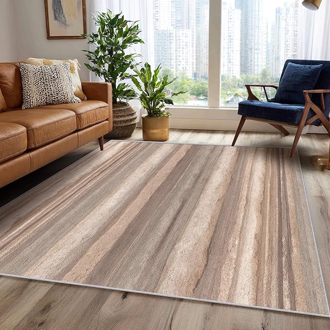 Natural Stripe Rustic Area Rug, Beige Brown Pattern Carpet, Washable Non Slip Low Pile Soft Thin, Living Room Bedroom Dining Room Home Decor Mat 2x3ft(Small)