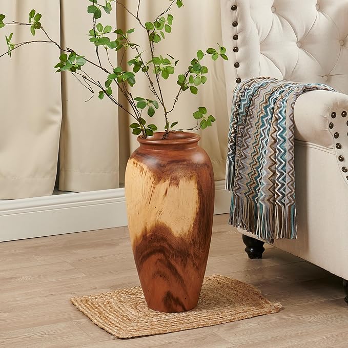 Natural Wood Vase 7.1" x 7.1" x 19.7" H Wooden Brown Handmade Acacia Vase Rustic Decorative Flower Holder Vintage Artworks Planter for Living Room Floor Home Christmas Décor