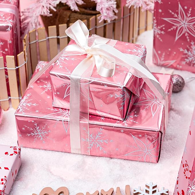 MAYPLUSS Pink Christmas Wrapping Paper Roll - 17IN X 33FT - Christmas Gift Wrapping Paper Featuring White Snowflake Reversible Candy Cane for Kids, Holiday, New Year