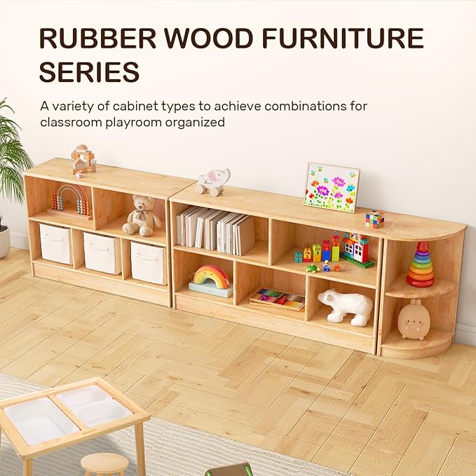Wingyz Rubber Wood Montessori Bookshelf, 5-Section Wooden Storage Cabinet, 2 Shelf Bookcase Toy Storage Organizer, 43.3"L Montessori Shelf for Kids Rooms Classroom Playroom Nursery Daycare, Child-Safe