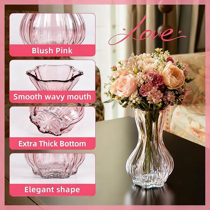Flower Vase,Glass Vases Set of 2,Blush Clear Pink Vase 8 inch,for Home Decor,Decorations Indoor,Gifts,Wedding,Anniversary,Bridal Shower,Centerpieces