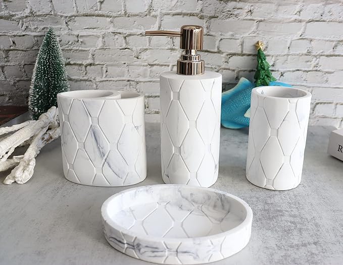 Hymmah Bathroom Accessories Set,Marble Design Toothbrush Holder,Farmhouse Bathroom Decor,4 Pcs Resin Gift Set Apartment Necessities, Contain Toothbrush Cup,Soap Dispenser,Soap Dish,Tumbler