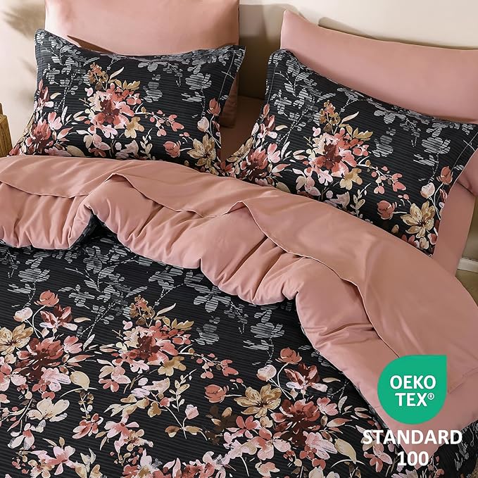 Dobuyly King Size Comforter Set, 7 Pieces Black and Pink Floral Comforter Set, Bed in a Bag King with Botanical Flowers Pattern, All Season Farmhouse Bedding Set with Sheets, Pillowcases & Shams