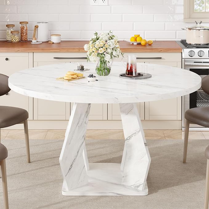 IBF Round Marble Dining Table,Dinner Tables for Kitchen 4-6,47 Inch Modern Pedestal Dining Room Table for Kitchen,Office,Living Room,White Marble