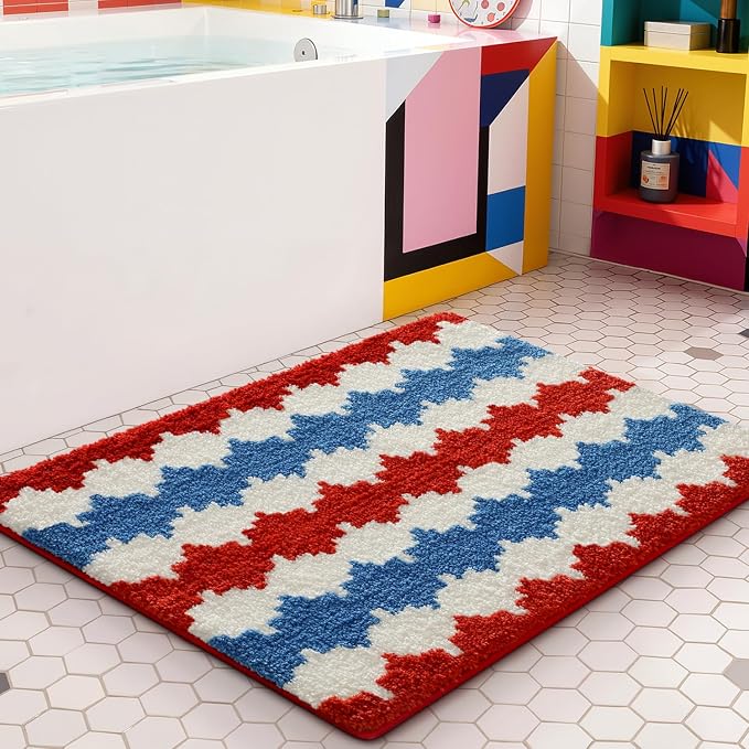 LUMI Bathroom Rugs with Wave, Soft Absorbent Bath Mat for Modern Home Decor, Non-Slip Quick-Dry Bath Rug, Machine Washable Floor Mat for Shower and Tub, Entryway, 20"x32", Azure Wave