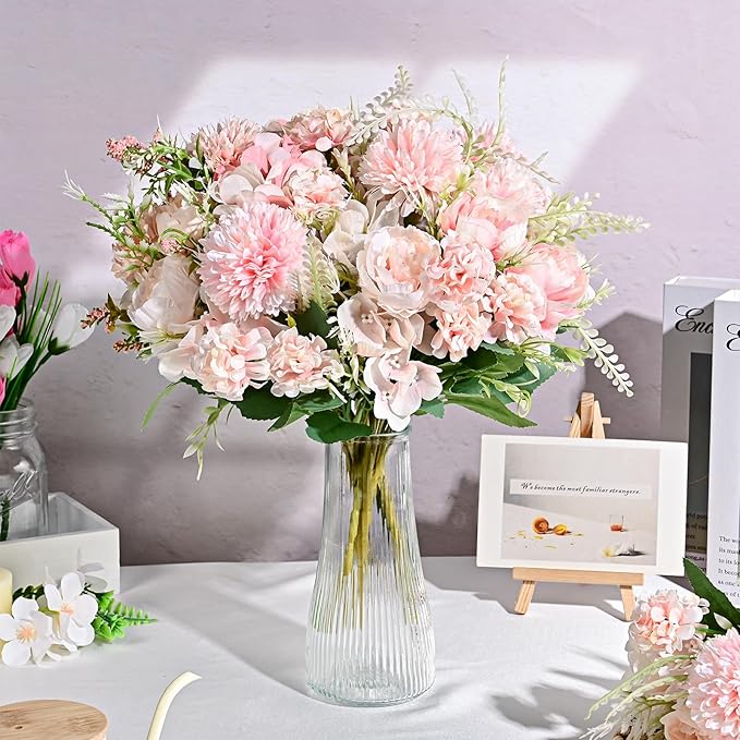 Olgaa 12 Bundles Peonies Artificial Flowers Silk Flowers Fake Peony Bouquet Faux Peonies Flowers Bulk for Wedding Decor Centerpiece Table Decorations (Pink)