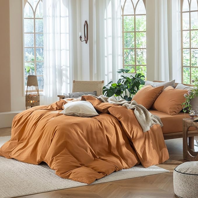 MooMee Bedding Duvet Cover Set 100% Washed Cotton Linen Like Textured Breathable Durable Soft Comfy (Solid Burnt Orange, Super King 108"x98")