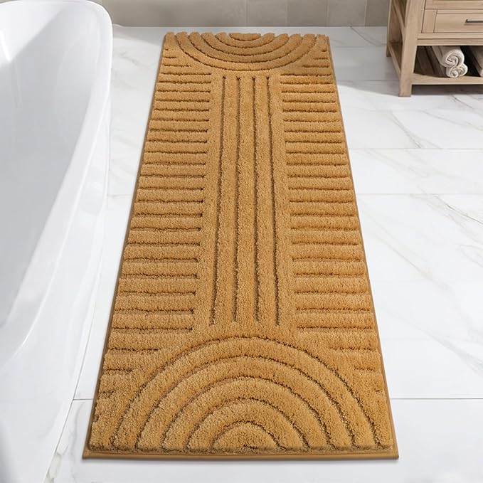 SHACOS Super Soft Bathroom Runner Rugs 24"x60" Non Slip Boho Bathroom Mats Microfiber Absorbent Carpet for Bath Room Machine Washable Shaggy Bath Rugs for Shower Bathtub Home Decor, Mustard 2'x5'