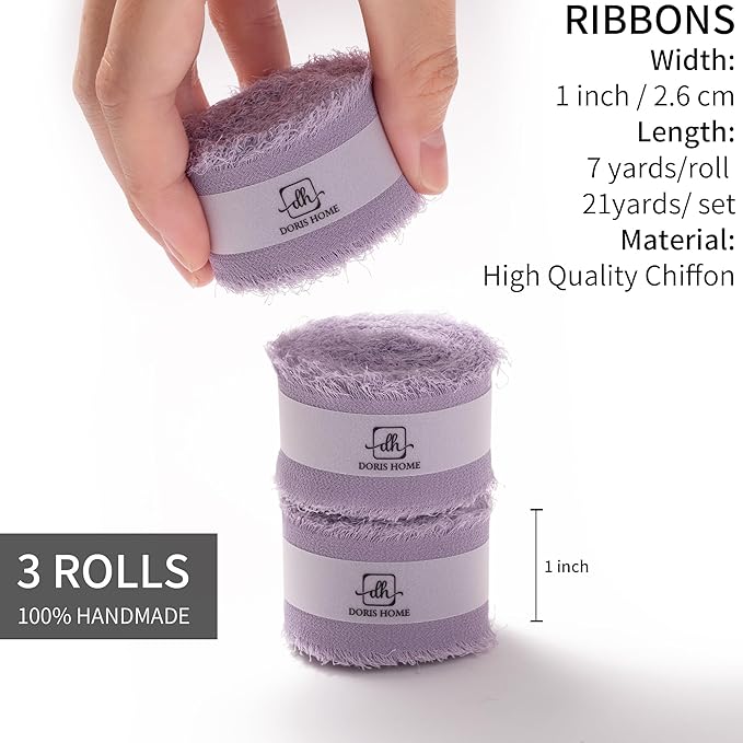 DORIS HOME Pastle Purple Chiffon Ribbon for Flower Bouquet, 1" x21Yd Fabric Ribbon for Gift Wrapping, Handmade Frayed Ribbon for Wedding Invitations/Christmas Decorations