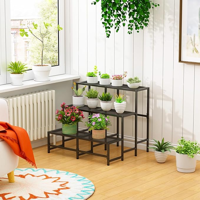 Garden 4 you 3 Tier Large Metal Plant Stand, Garden Display Shelf Flower Pot Holder Storage Organizer Rack for Indoor Home Outdoor Patio Balcony Yard( Black,Rectangle)