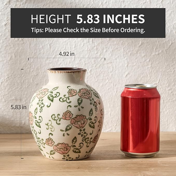 SIDUCAL Ceramic Vintage Vase, 5.83 Inch Retro Ice Cracked Chinoiserie Floral Vase, Rustic Farmhouse Vases for Home Decor, Bookshelf, Garden, Chinoiserie Decor, Tuscan Decor, Red Rose Pattern